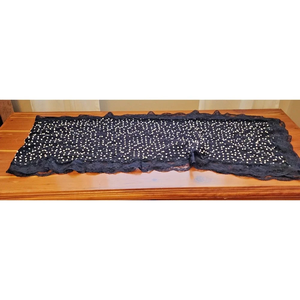 Black & White Lightweight Boucle Scarf with Lace Trim Size 78